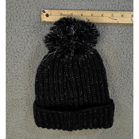 Black Knit Pom Pom Beanie Hat Silver Metallic Thread Womens One Size - Picture 3 of 5